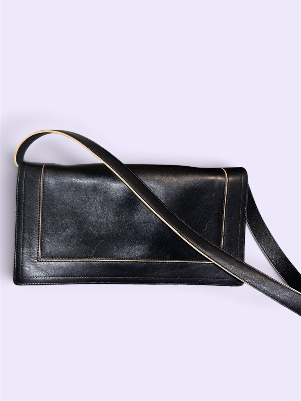 Ellen Tracy Black Leather Shoulder Bag with Contrast Trim